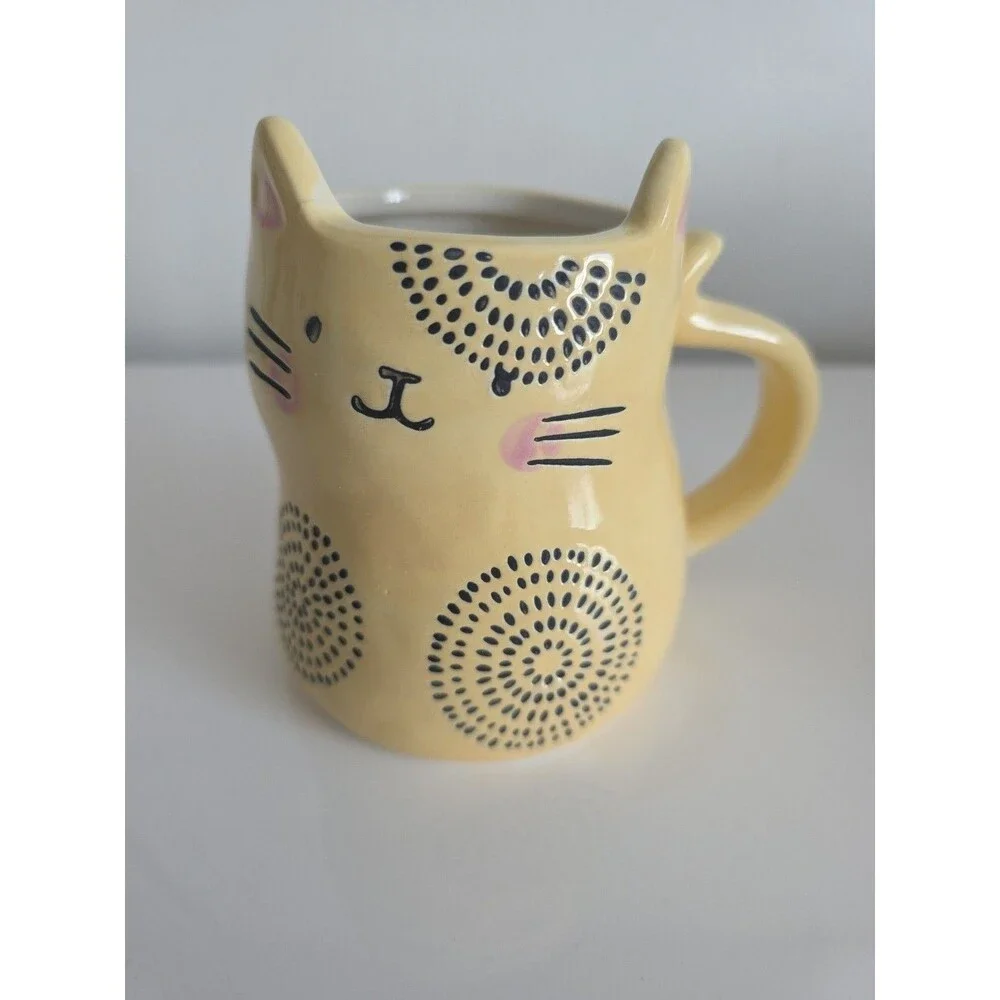Cat Face Ceramic Mugs Set of 4 10oz Stoneware Coffee‎ Cups 1 Cracked